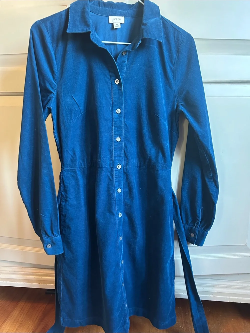 J. Crew Deep Blue fine corduroy Long-Sleeve Button-Up Dress with Tie Belt. 0